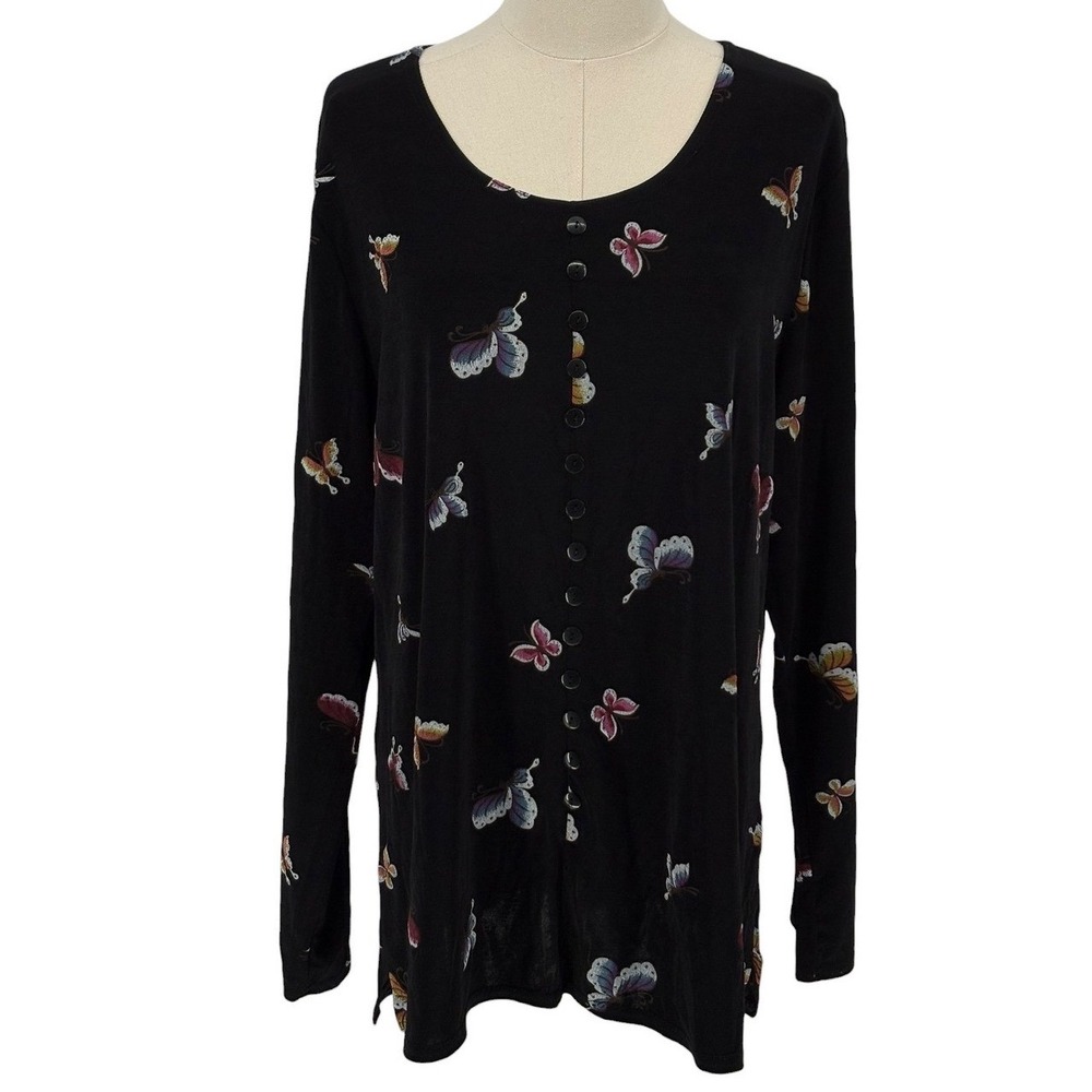 Es.se Vintage Y2K Button Front Top Black Butterfly Print Long Sleeve Plus 3X